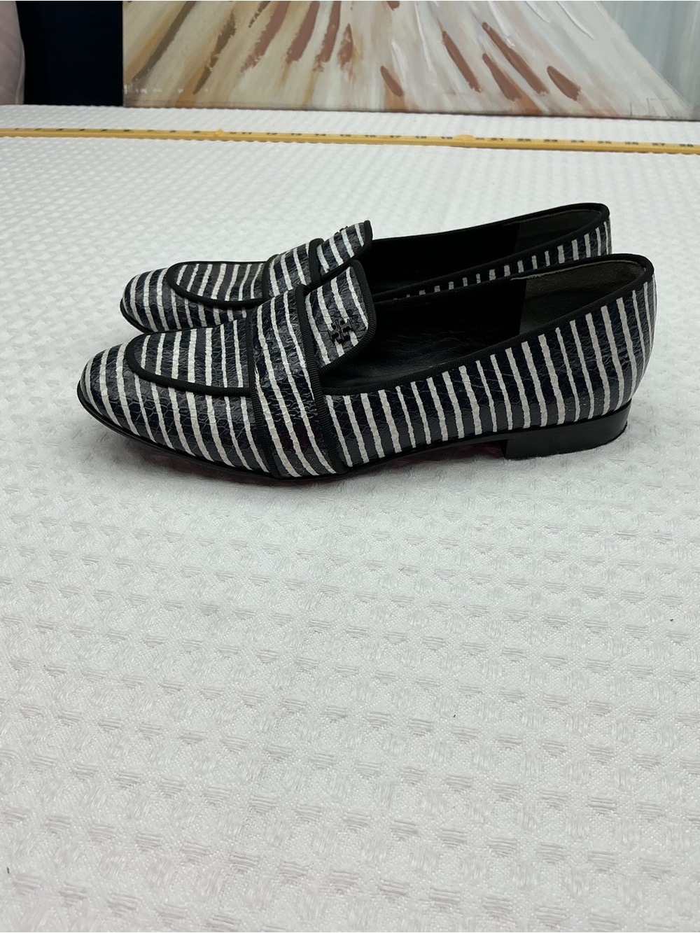 Tory Burch Black and White Striped Penny Loafers